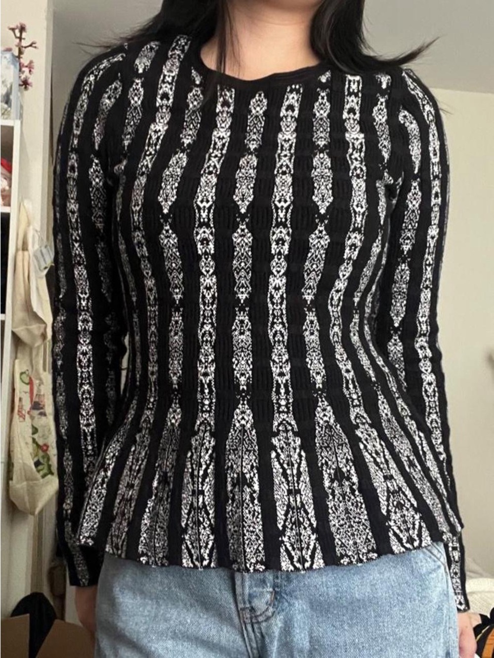 White House Black Market Patterned Ribbed Peplum Sweater Y2K Whimsy Size XS